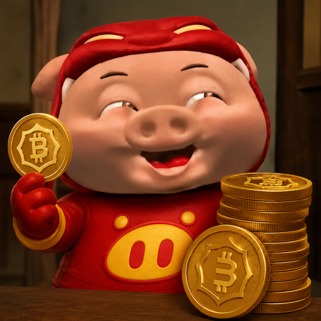 GG Bond holding a golden Bitcoin coin beside a stack of coins